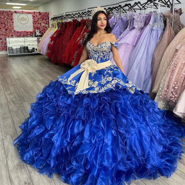 Классические платья Quinceanera Cascading Ruffles Мексиканские сладкие 16 платья с плеча 15 юношеских театрализованных платье