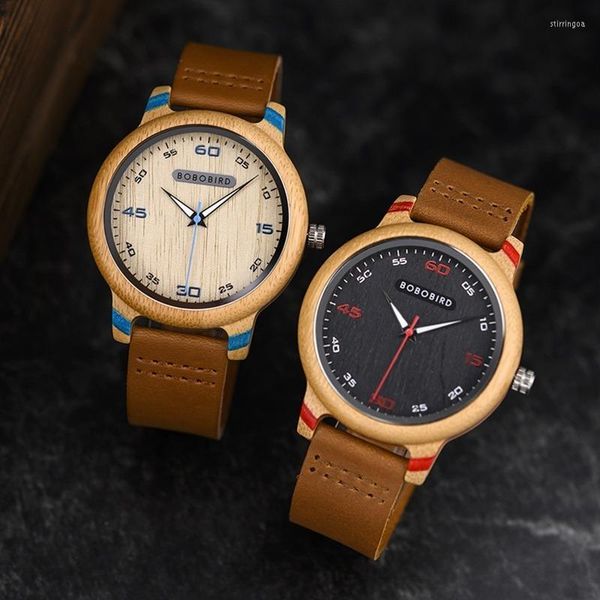 Relógios de pulso bobo pássaro pássaro bambu wood wood masculina cinta de couro simples casualwatch pacote de logotipo personalizado em gotas de caixa de presente