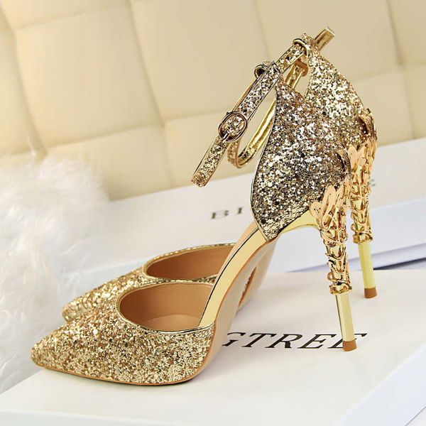 Kleidschuhe Damen Low Heels Sandalen 7,5 cm 9,5 cm High Heels Sandalen Hochzeit Braut Party Event Heels Knöchelriemen Stiletto Glitzer Gold Schuhe G230130