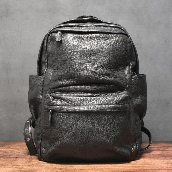 Backpack vintage preto de grande capacidade de grande capacidade homem de luxo de couro genuíno de 16 polegadas Laptop Saco de costas à prova d'água casual