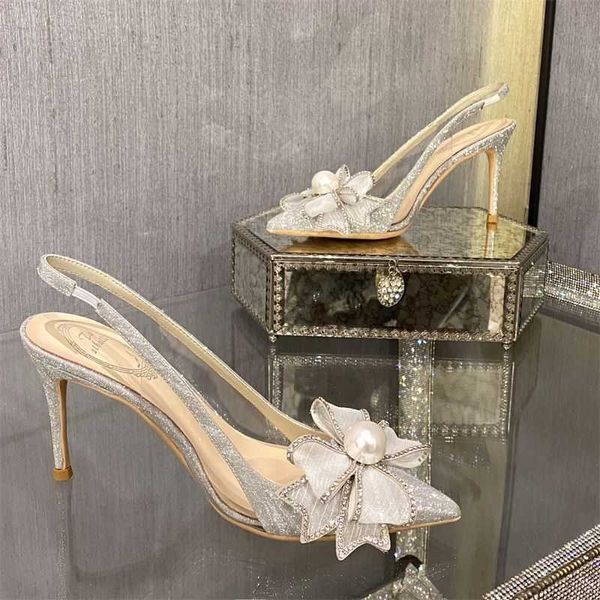 Vestido Sapatos 2023 Mulheres bombas de verão Novo Butterfly Stiletto High Heels Sapatos de Cristal de Cristal Princesa Sandálias de Prata G230130