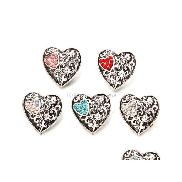 Chiusure Ganci Fashion Crystal Heart 18Mm Bottone a pressione Gioielli Vintage Flower Inciso Noosa Chunks Fai da te Ginger Charms Bracciale Neckla Dhkrv