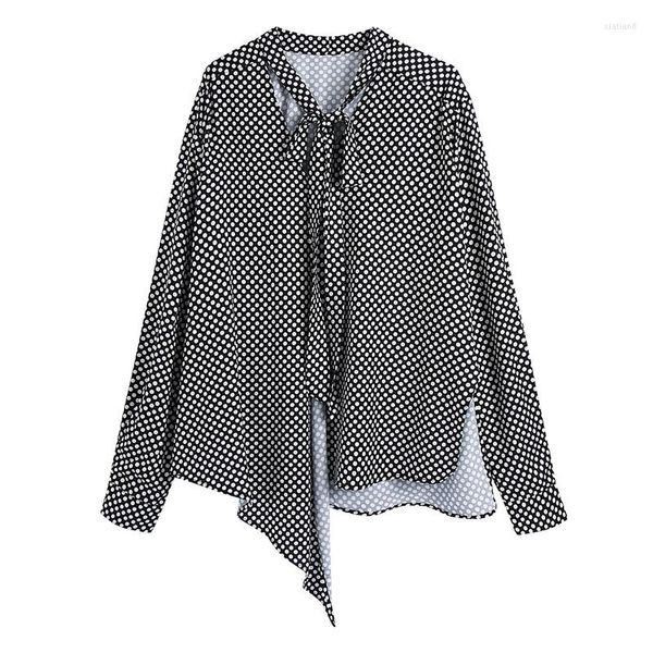 Camicette da donna ZXQJ Donna 2023 Moda Scava Fuori Polka Dot Asimmetria allentata Colletto con fiocco vintage Camicie da donna a maniche lunghe Mujer