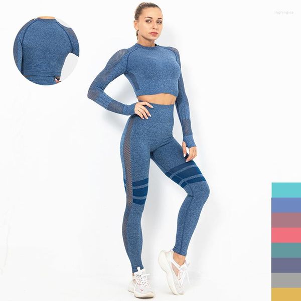 Set Attivi Tuta da Yoga da Donna Outdoor Hollow Abbigliamento Sportivo Ragazza Fitness Leggings a Maniche Lunghe Collant Abbigliamento da Ginnastica Set 2 Pezzi