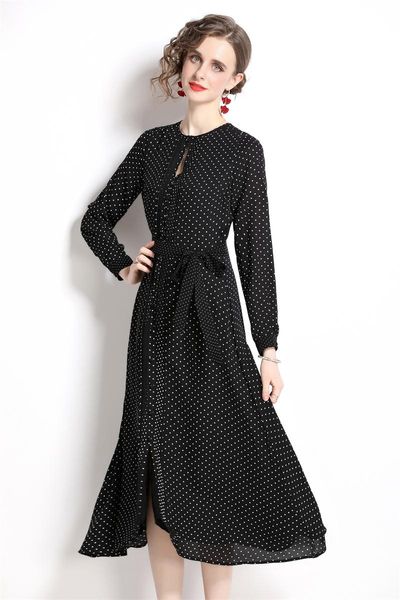 Vestidos casuais mulheres de alta qualidade Summer Summer Polka Dot Dot Longa Manga Longa Robeira Feminina Black Vintage Dress Vestidoscasual