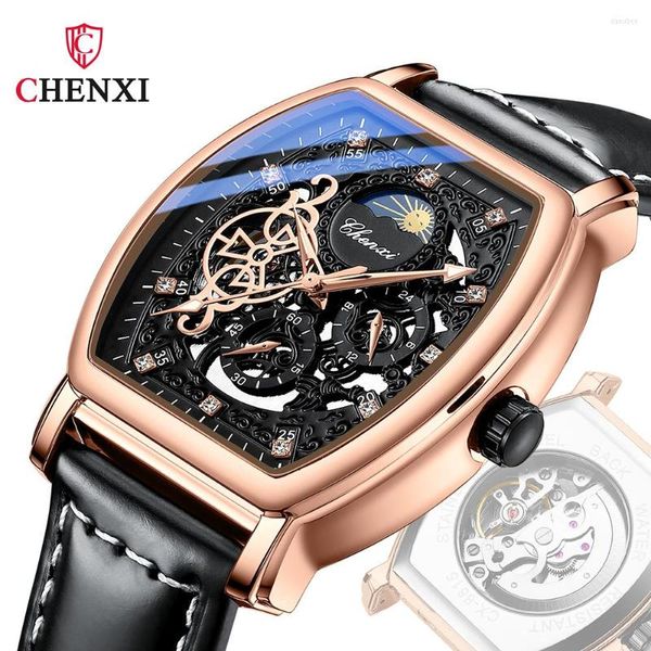 Нарученные часы Chenxi Mens Механические часы модные крутые скелетные турбийновые фаза фаза. Автоматические наручные часы Роскошные кожаные часы для мужчин