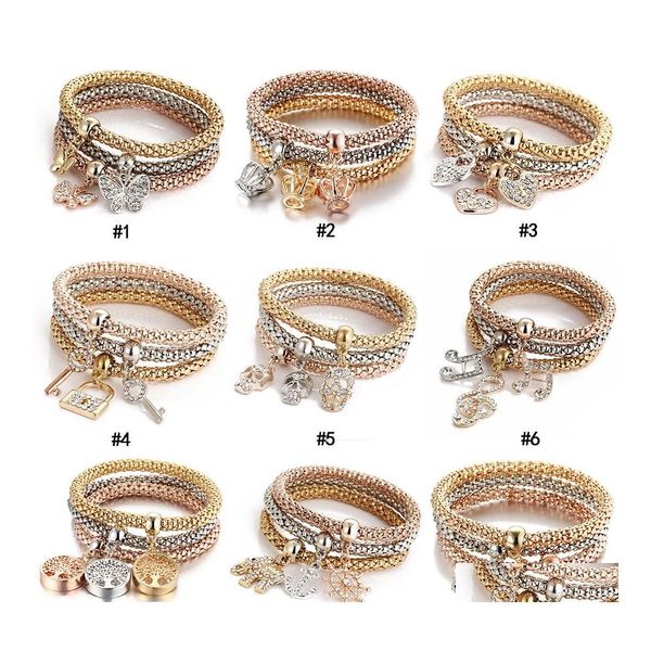 Bracelets de charme 3pcs/conjunto coruja coruja coroa cora￧￣o strass elefante SKL Notas M￺sica Notas Butterfly Tecla Tree of Life Bangle J￳ias Otzup