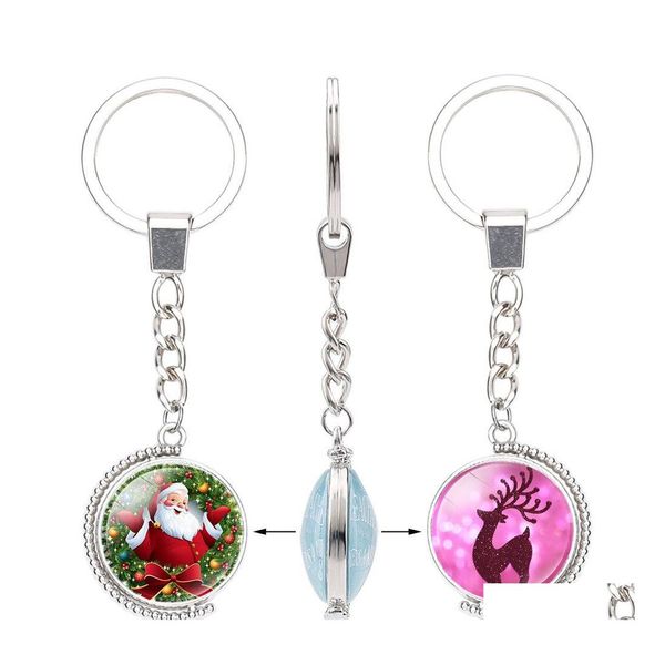 Keychains Bedanyards Christmas Glass Cabochon Double Side lateer Rena Tree Papai Noel Bell Snowman Snowman Pingente de J￳ias de Corrente Rot￡vel Otonb