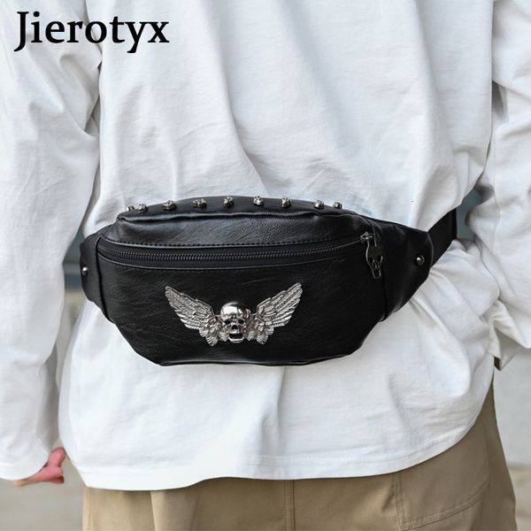 Поясные сумки JIEROTYX, винтажная поясная сумка с заклепками и черепом для женщин, роскошная дизайнерская кожаная сумка, коричневая 230204
