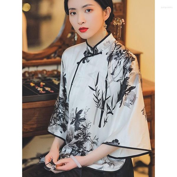 Ethnische Kleidung Vintage Imitation Maulbeerseide Tinte Bambus Gedruckt Lange Ärmel Cheongsam Top 2023 Herbst Chinesisches Hemd Frauen Plus Größe