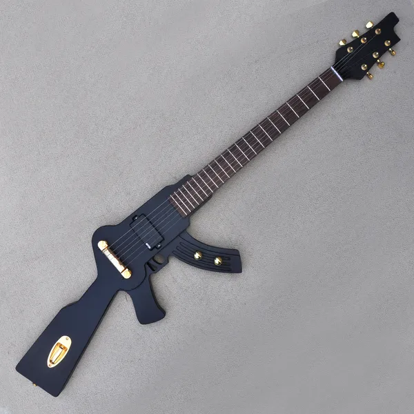 Guitarra el￩trica n￣o luual preta personalizada com forma de pistola para o corpo de pau -rosa de pau -rosa ouro hardwares pode ser personalizado