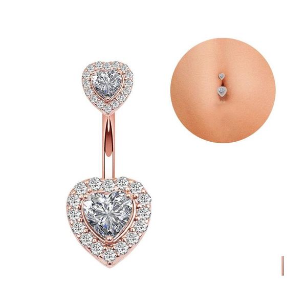 Nabel Bell Button Ringe Körperschmuck Einzelstück Edelstahl Bauchring Diamant Zirkon Doppelherz Roségold Sexy Frauen Mädchen Dhpfm
