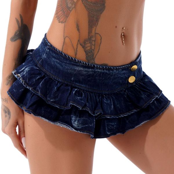 Gonne Gonna di jeans Rave da donna Doppio strato con volant Mini vita bassa Bottoni pieghettati Pole Dancing Clubwear sexyGonne