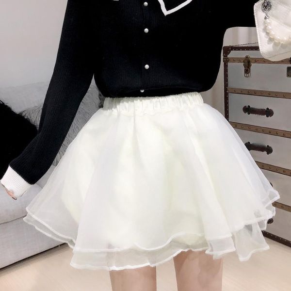 Юбки сладкая юбка для пачки летние девочки A-Line Высокая талия пушистая сетка Pure Color Kawaii Lolita Mini Skater Y2K Gothic Black