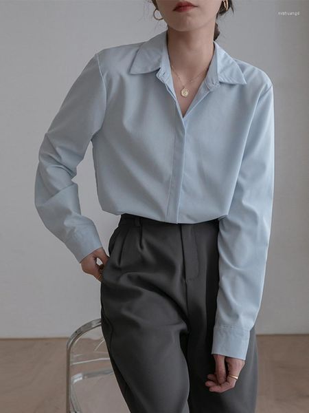 Blouses femininas 2023 Moda coreana da primavera e verão Camisa solta mulher mulher azul claro Manga longa Senhoras simples camisetas de cor de cores sólidas