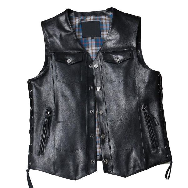 Gilet da uomo Gilet in pelle da motociclista da motociclista maschile Pelle di capra maschile Giubbotti senza maniche genuini Scollo a V Gilet regolabile in pelle di pecora neraUomo