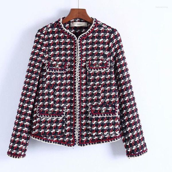 Jackets femininos 2023 Winter Cashmere Coat Pocket Feminino Casual Vintage Plaid 1 Roupas de Lã Textura de Crochetas Casaco Curto Tops A474