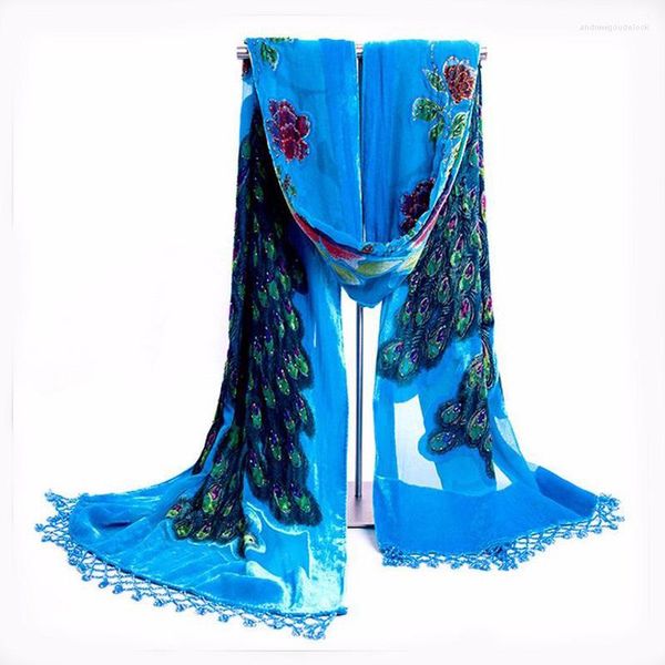 Eşarplar Vintage Peacock Velvet İpek Çin tarzı Kadın Boncuklu Nakış Eşarp Sargısı Uzun Fringle Pashmina Stole