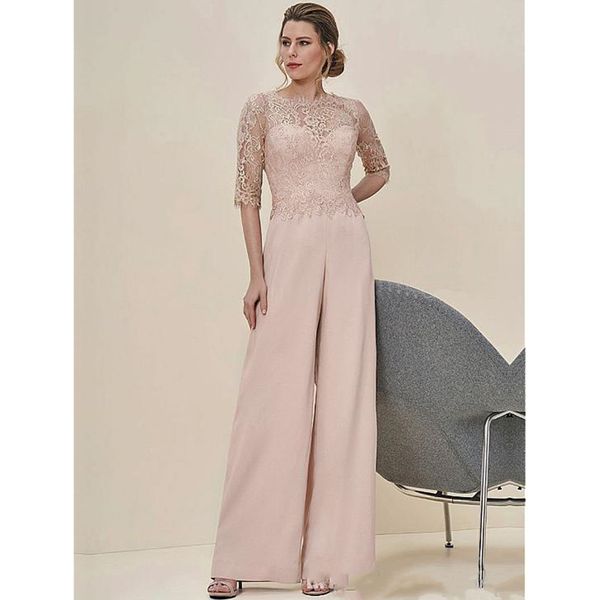 Tute in pizzo Abiti da sposo per la mamma Bateau Neck Mezze maniche Abito per invitati a un matrimonio Chiffon Taglie forti Tailleur pantalone per la madre della sposa2701