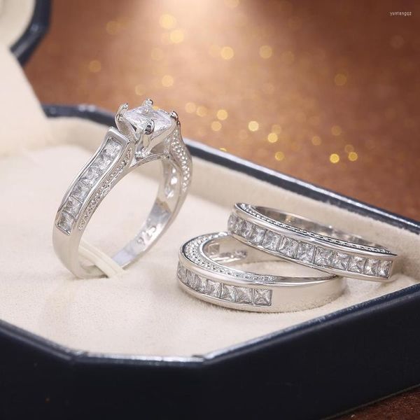 Anéis de casamento caoshi 3pcs/conjunto de cores prateado anel para mulheres elegantes casais presentes brilhantes charme de pedra true conjunto tamanho 5-12
