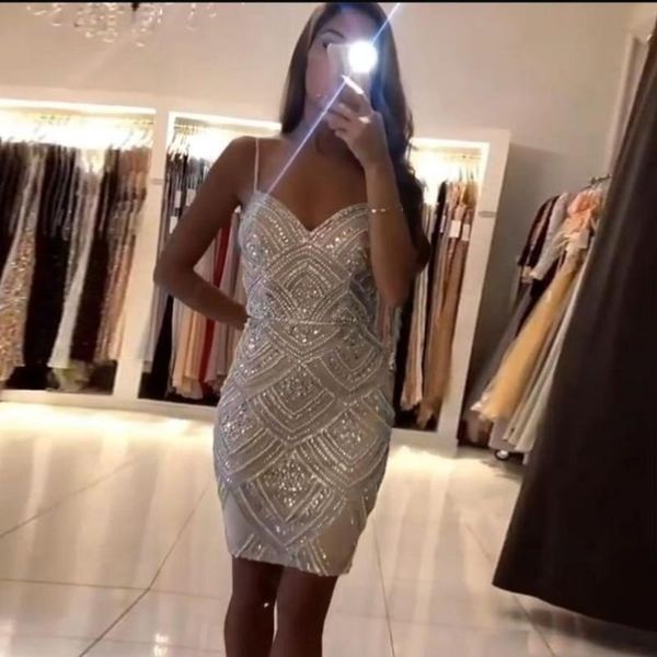 Vestidos de festa cristais de nude sexy bans curtos tiras de miçangas retas vestido formal tamanho personalizado