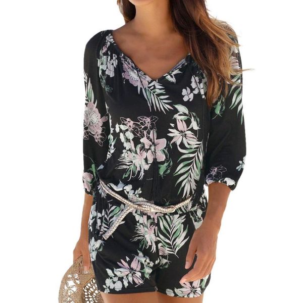 Tute da donna Pagliaccetti Tuta da donna Scollo a V Boho Stampa Manica lunga Casual Mini Beachwear Tuta Top Estate