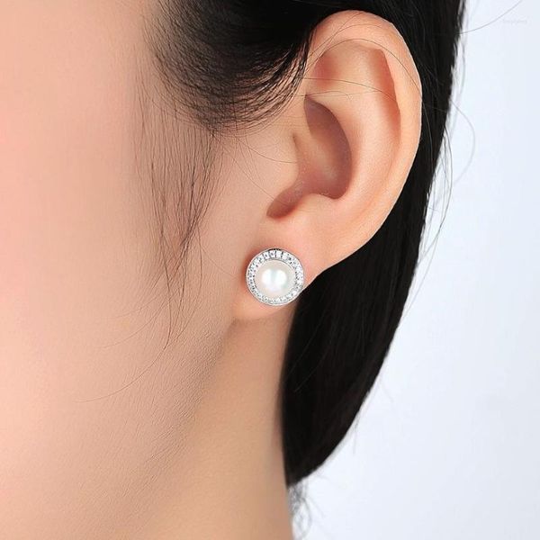 Ohrstecker Echte 7-7,5 mm Natürliche Schönheit Runde Weiße Perle Zirkonia Stein Brincos Frauen 925 Sterling Silber Schmuck