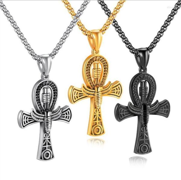 Collane con ciondolo Moda Egiziano Ankh Vita Croce Collana Uomo Acciaio inossidabile Colore argento Girocollo Catena Gioielli per le donne Ciondolo Elle