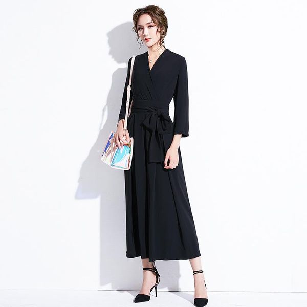 Kadın Tulumları Kadınlar İçin Tulumcular 2023 Sonbahar Kore Ofisi Lady Elegant Şifon Ol V Boyun Uzun Kollu Geniş Bacak Tulumları Siyah DD2366WOM