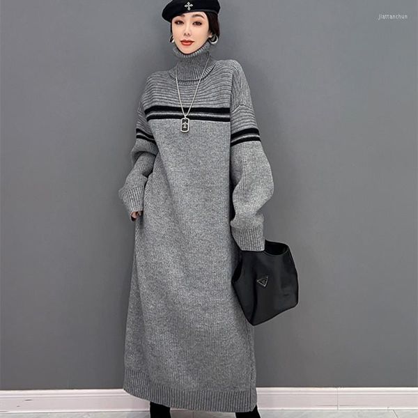 Casual Kleider Weibliche Koreanische Stil Pullover Kleid Rollkragen Langarm Stricken Plus Größe Lose Colorblocked Streifen