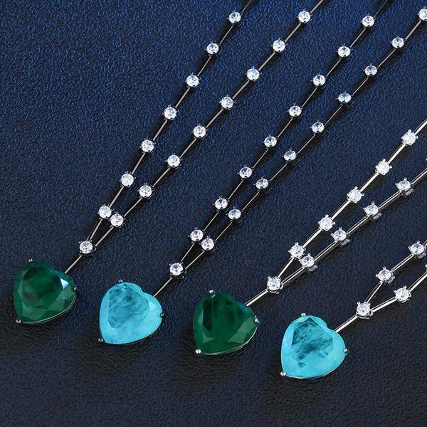 Подвесные ожерелья Eyika Luxury Fusion Crystal Stone Green Blue Heart Pendance Bamboo Link Chain Ожерелье для женщин очарование Paraiba Tourmaline воротник G230206