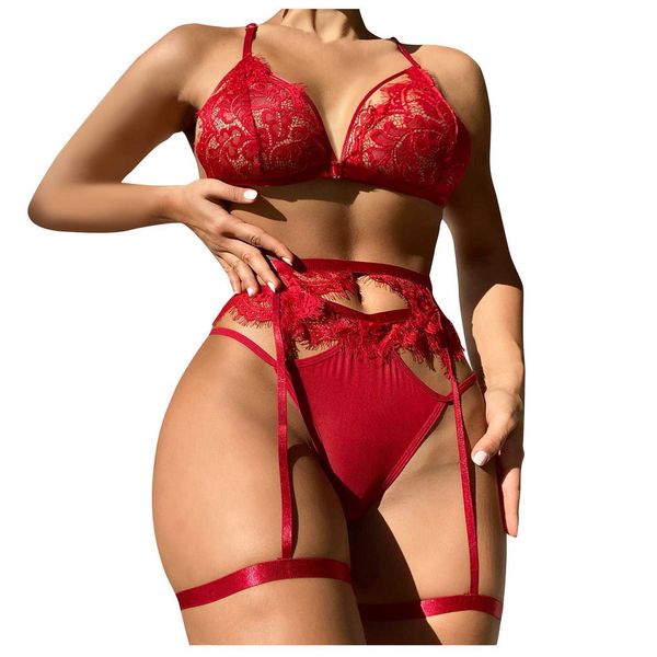 Sexy Set 3PC-Frauen Wireless Bh Unterwäsche G-String Strumpfband Weinrot Dessous lette Bustier Höschen Nachthemd Knicker Y2302