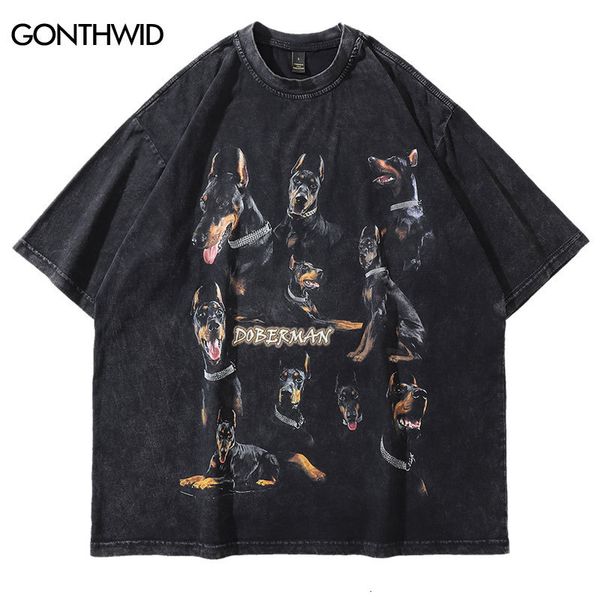 Herren T-Shirts Übergröße Distressed T-Shirts Hip Hop Vintage Doberman Dog Print Punk Rock Gothic T-Shirt Streetwear Harajuku Casual T-Shirt 230206