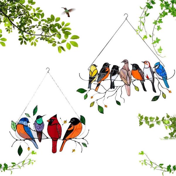 Figurine decorative Creative Stained Bird Glass Window Panel Hangings Uccelli su un filo Acrilico Wall Hanging Home Decor Windchimes Mothers