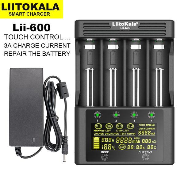 Caricabatterie per telefoni cellulari LiitoKala Lii-600 Caricabatterie per batterie Li-ion 3,7 V e NiMH 1,2 V Adatto per 18650 26650 21700 26700 AA AAA e altri 230206