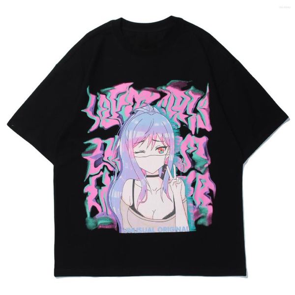 Erkek Tişörtleri Anime Kız İllüzyon Baskı Hip Hop Gömlek Erkek Kadın Sokak Giyim Harajuku Kısa Kollu 2023 Yaz Gevşek Pamuk Üstleri Tees