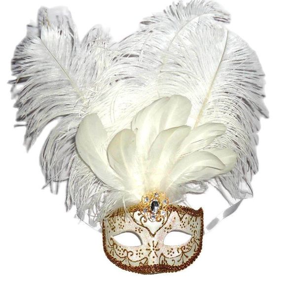 Maschere per feste Splendida maschera per capelli di uccelli con pori di struzzo dipinto Gold Diamond Masquerade Mardi Gras Venice Costume Carnival Masque Gifts 230206