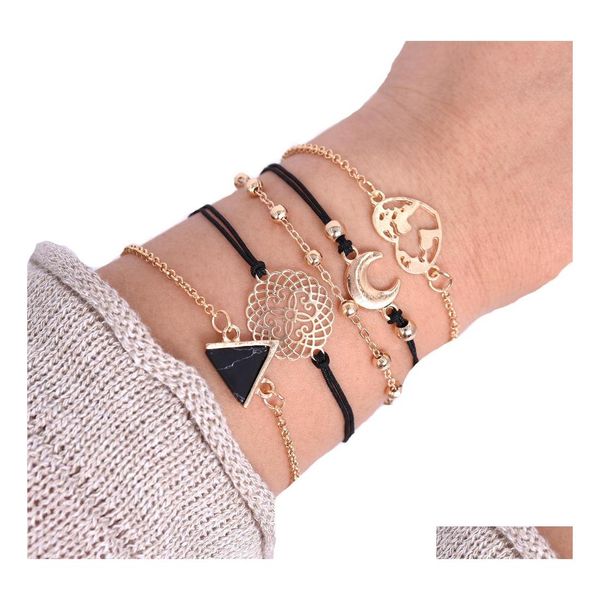 Charm Armbänder Modeschmuck Armband Set Dreieck Schwarz Stein Karte Mond Perlen Layered 5 teile/satz Drop Lieferung Dhant