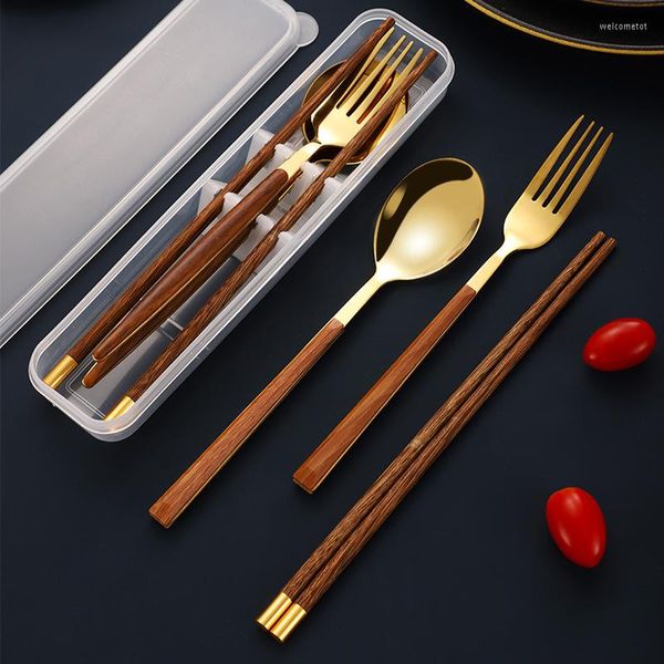 Set di stoviglie Set di posate portatili con manico in legno Coltello in acciaio inossidabile Forchetta Cucchiaio Stoviglie Bacchette cinesi Accessori da cucina