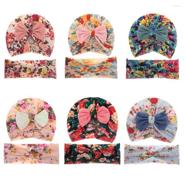 Berets Vintage Print Säugling Turbanhut und kreuzknotted elastisches Stirnband Zwei -Stück -Set nie