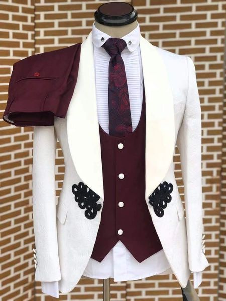 Ternos masculinos Blazers Casaco Jacquard branco personalizado com colete vermelho calça 3 peça nó chinês e fivela de bobina Classic Wedding Suits for Men formal slim fit 230206