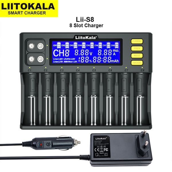 Carregadores de telefone celular Liitokala lii-s8 lii-pd4 li-ion 3.7v nimh 1.2v li-fepo4 3.2V IMR 3.8V para 18650 26650 21700 26700 18350 AAA AAA Carregador de bateria 230206
