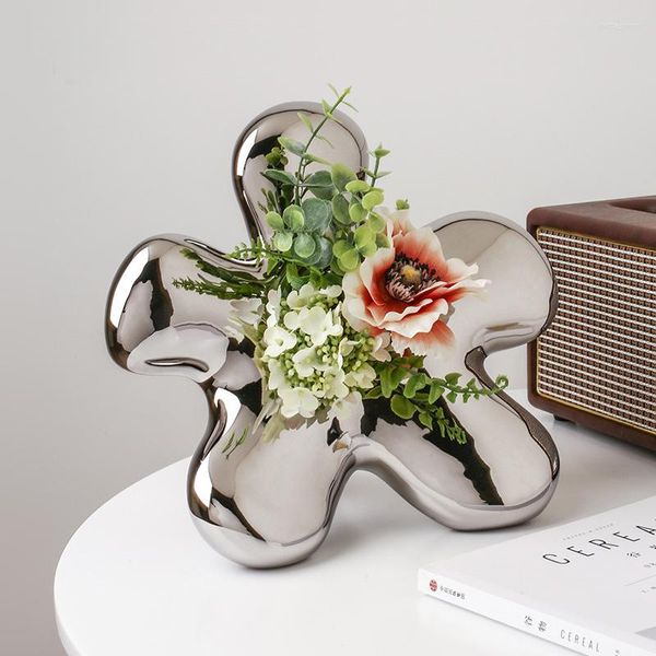 Vasos leves de luxo banhado prateado estilo vaso de decoração de sala de estar mesa de flores de plantas de flor Pote de cerâmica