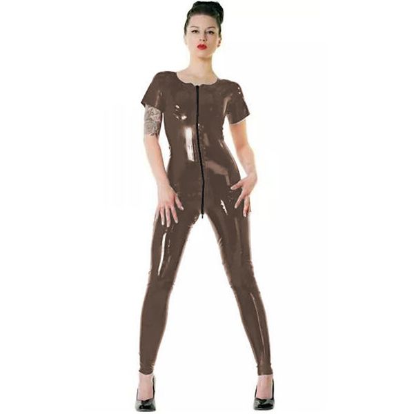 Tute da donna Pagliaccetti Taglie forti Cerniera frontale per glutei Catsuit PVC Cavallo aperto O-collo Manica corta Novità Donna Wetlook Skinny Salti