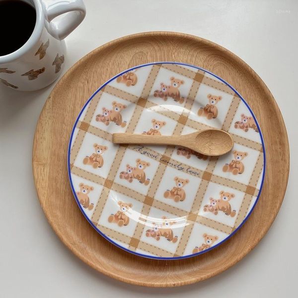 Piatti cartone animato in stile coreano orso marrone piastra ceramica insalata ad alta temperatura dessert per colazione piatti retrò