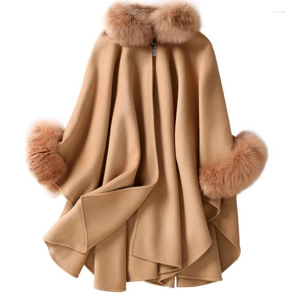 Sciarpe CX-B-P-19A Cappotto invernale da donna con poncho in vero cashmere con scialle in vera pelliccia