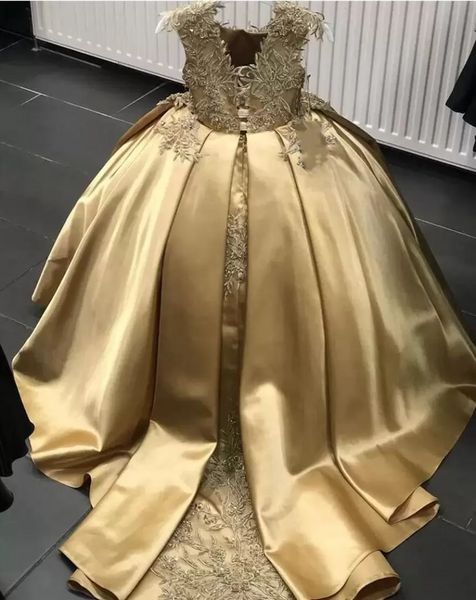 Gold Crystal Flower Girls Dress Pageant Dresses Ball Gown Beaded Toddler Infant Clothes Little Kids Birthday Gowns BC14239