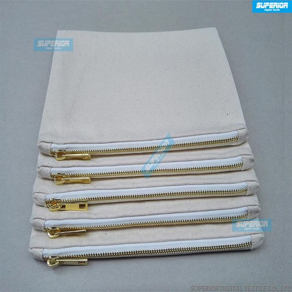 10 pz / lotto 7x10 pollici Borsa cosmetica in cotone naturale vuoto 12 once Borsa con cerniera in tela naturale Borsa per trucco in bianco normale con 5 # Golden Me241K