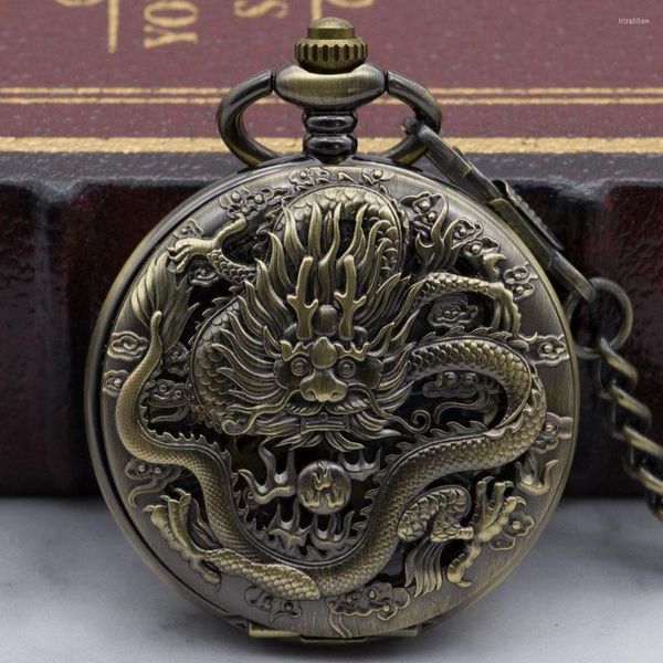 Taschenuhren Chinesischer Drache Bronze Mechanische Uhr Analoger Anhänger mit Halskette Uhr für PJX1327