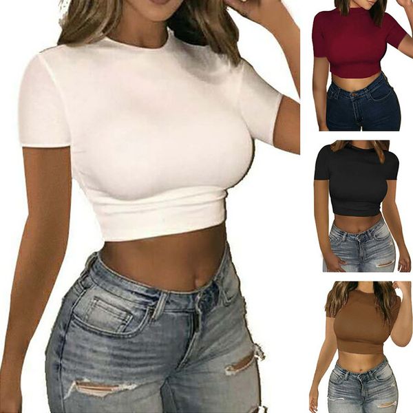 Damen Sexy Crop Top T-Shirt mit kurzen Ärmeln, T-Shirts, hohe Taille, Fitness, Tanzen, lässig, Straße, Sport, Damen, modische Kleidung, XXL